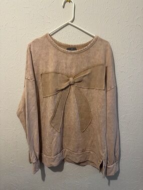 Bow-Front Long Sleeve Pullover Sweater in Dusty Taupe